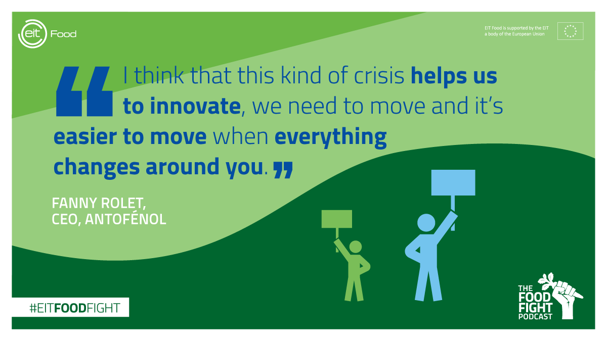 EITFood's tweet photo. "Shocks to the system are good – they bring about change and make us reinvent ourselves," Fanny Rolet, CEO of @Antofenol on the #Covid19 crisis in this episode's #EITFoodFight 👊 podcast, also joined by @f_de_valera &amp; our CEO @AndyZynga. Catch up here: https://t.co/CWMocUBQhm https://t.co/FJA1RJ3GK3