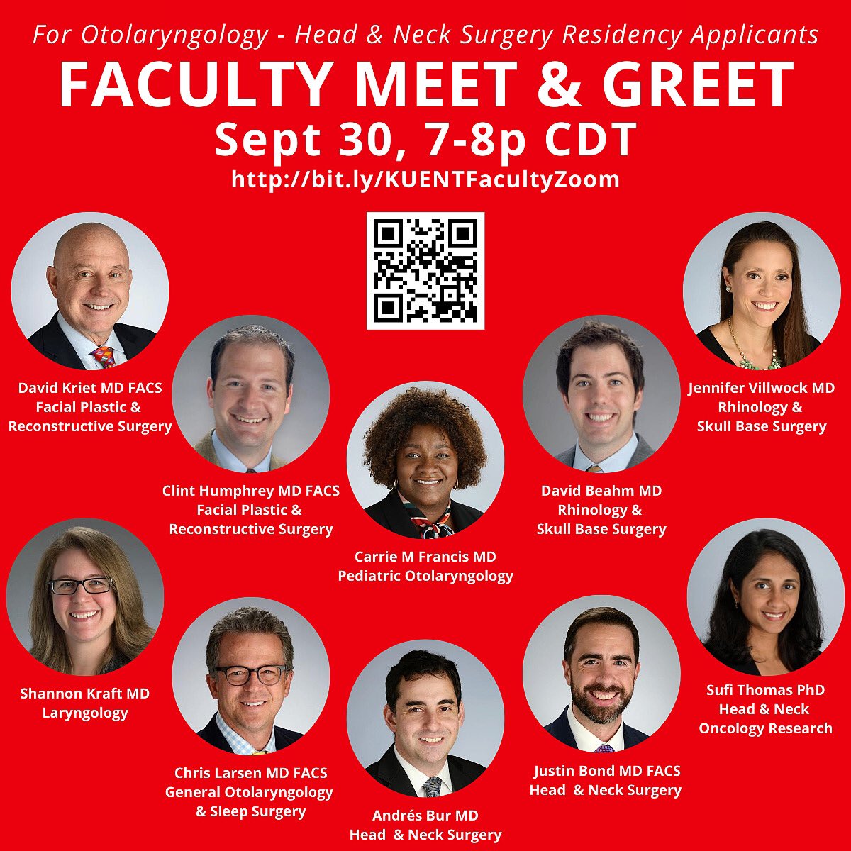 KU_ENT's tweet photo. We may be biased, but our faculty are THE BEST!💯 Residency applicants, don’t miss this opportunity to learn about #otolaryngology subspecialties @KU_ENT
9/30 @ 7p CT
Sign up: https://t.co/2RjevCkRF7
#ENTsurgery #residENTs #Match2021 #VirtualMatch2021 #WeAreOto #MedEd #otomatch https://t.co/MM6cQx3aJd