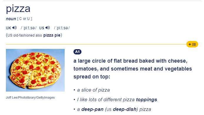Wow! We just got another document that defies the document we posted earlier. This one clearly shows that fruits have no business being on Pizza. And there is no "etc" in this document. Thanks to our sources at the Cambridge dictionary!