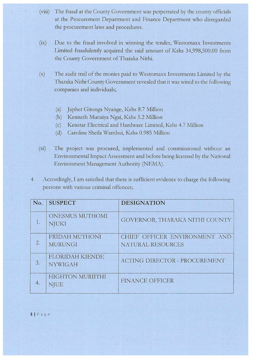 Gitongamuranga's tweet photo. DPP Noordin Haji has approved the prosecution of Tharaka Nithi Governor Onesmus Muthomi Njuki, County Officials and related entities over irregular award of Ksh 34.9 million solid waste project.
#AntiCorruption_ODPP https://t.co/fWM9ZNIPzp