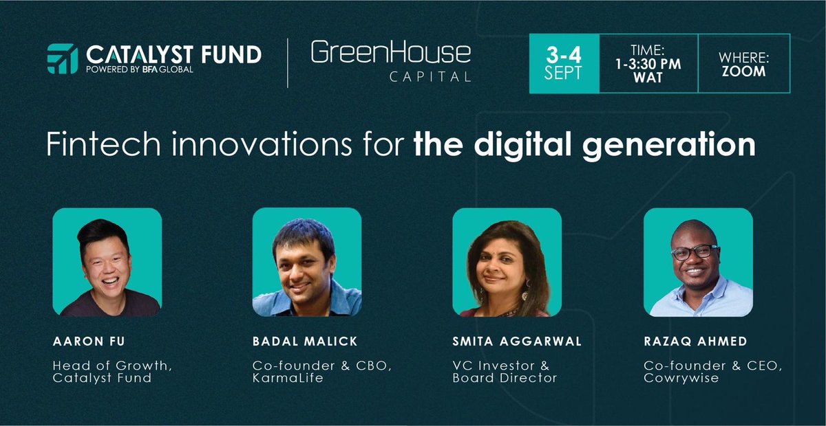 GreenHouseCap_'s tweet photo. LIVE NOW! Join @AaronQFu from @CF_BFA  talk to a global panel on fintech for the digital generations specfically for emerging markets! 

#fintechinclusion #fintechinfocus
@smitaaggarwal @BadalMalick @razaqahmed1 @FlourishVenture @Karmalife_AI @cowrywise @GreenHouseCap_ https://t.co/nZy28YvWDw
