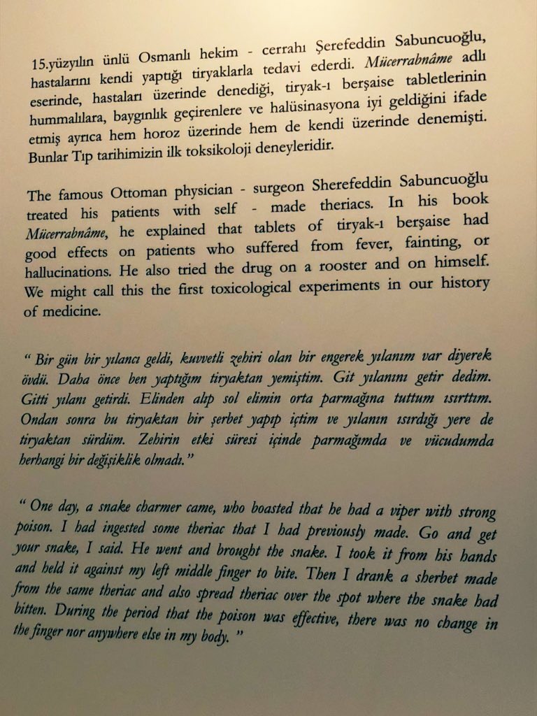 sevdefelek's tweet photo. Ottoman medicine pearls continued:
Ottoman doc Sherefeddin Sabuncuoglu used self-made snake venom antidotes (by having himself bitten!) to treat fevers, fainting, and hallucinations.
#DedicatedDoctor #MedTwitter #OttomanHistory https://t.co/Bzptwcuff2