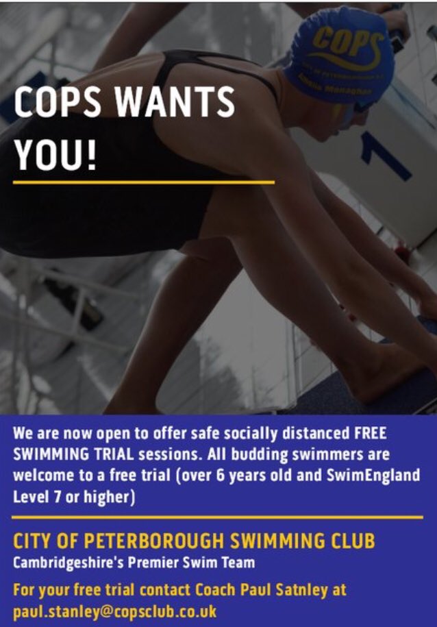 COPSSwimFast's tweet image. COPS are now operating a safe socially distance FREE TRIAL for the potential superstars of the future. 
A FREE TRIAL session is open to all over the age of 6 and @Swim_England Level/Stage 7 or higher. Why not give us a try? Give Coach @Coach_Paulo42 a contact 💙💛👍