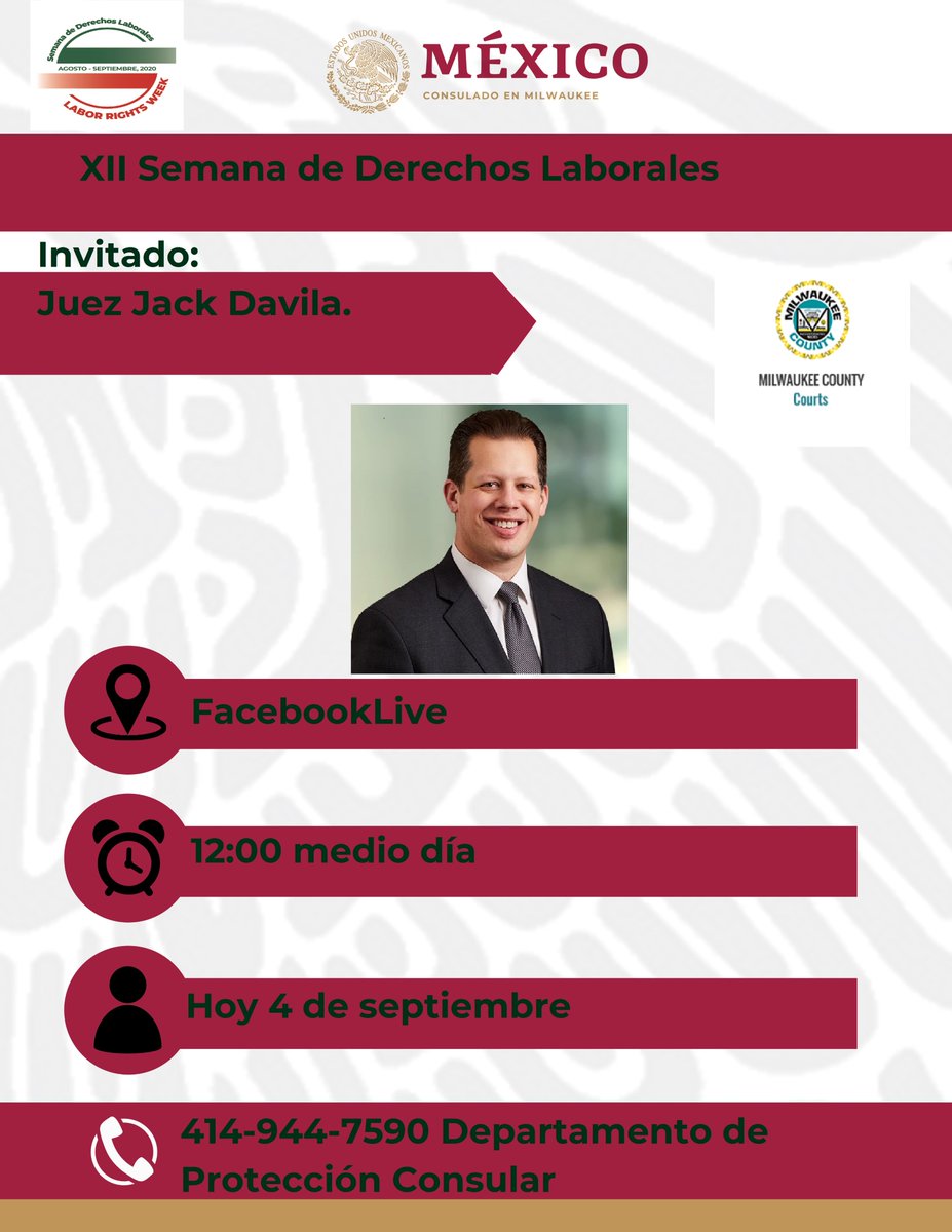 ConsulMexMKE's tweet photo. 🧑⚖️ #ConoceTusDerechos ⚖️ XII Semana de #DerechosLaborales 2020 🧑🔧🏭👷 🚜👩🌾 🧑🍳sera por facebookLive 💻 aquí en la página del #ConsuladoDeMéxico 🇲🇽 en Milwaukee, síguenos de manera virtual a las 12:00 de medio día #SLD2020 #ProtecciónConsular #CIAM https://t.co/tabBB25WNU
