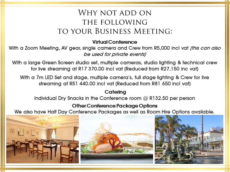 We have had such a positive response for the specials that we are currently running... That we have decided to extend them until the end of September 2020. 
#ConferenceVenues #BusinessMeetings #Conferencecentre #BusinessMeetingSpecials #Weddingvenue #Weddingspecials #Venue