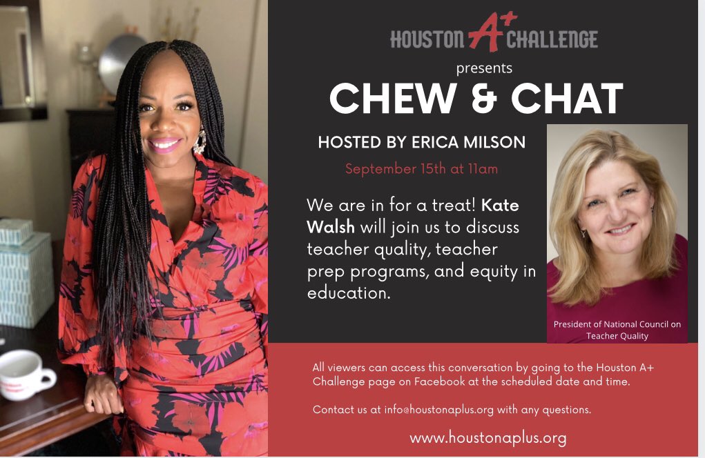 houstonaplus's tweet photo. Mark your calendars! Kate Walsh will join us on September 16th to discuss teacher quality. See you there! #Chew&amp;Chat @nctqkate https://t.co/j60S1haZa9