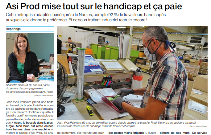 [#MoiJyCrois] L'entreprise adaptée Asi Prod recrute 👏. 
🗞️Via <a href="/OuestFrance44/">Ouest-France 44</a> 👉 bit.ly/2Z9bNS1

Belle marque de confiance en l'avenir du territoire. 
Chacun d'entre-nous  peut être acteur de la relance 📈. 
#MoiJyCrois #relance #inclusion