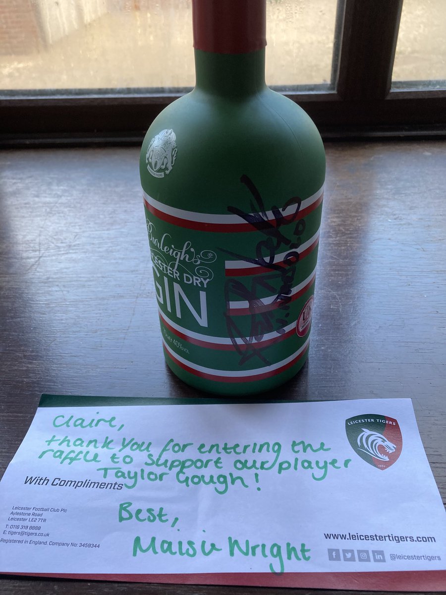 CWWdevelopment's tweet image. Thank you ⁦@burleighsgin⁩  for my raffle prize, a ⁦@LeicesterTigers⁩ bottle of gin signed by ⁦@nemani_nadolo⁩, very happy to have donated to #TaylorGough’s fundraising.  #LeicesterTigers #BurleighsGin #matthampson