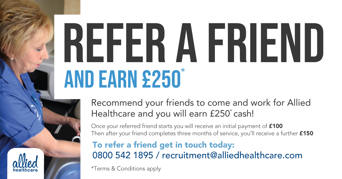Looking for a pay day boost? 💸  You can receive a £250* referral bonus for every care assistant you refer to work for Allied Healthcare! Refer your friend here ⬇️
bit.ly/2Xxa7z8