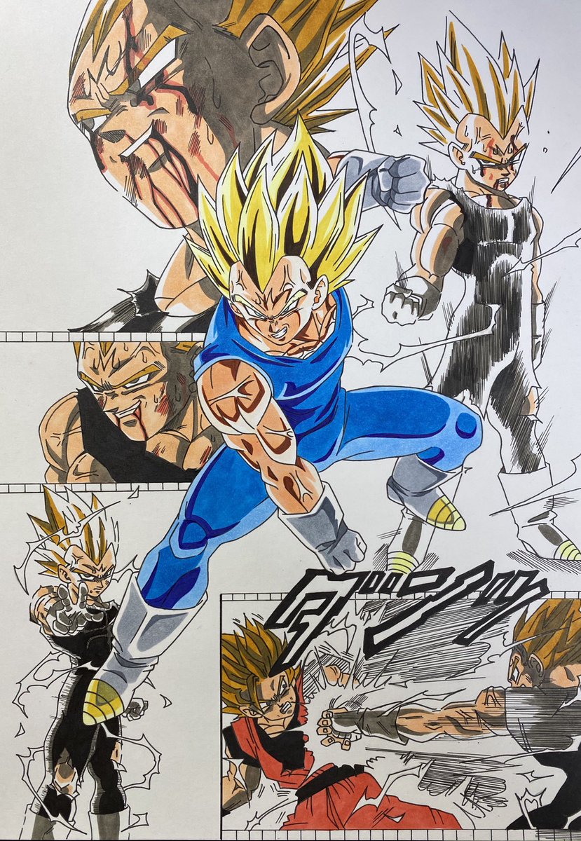 Johnny ドラゴンボールz 模写 魔人ベジータの集合絵が完全に完成しました 背景を原作のカラーページっぽく塗ってみました