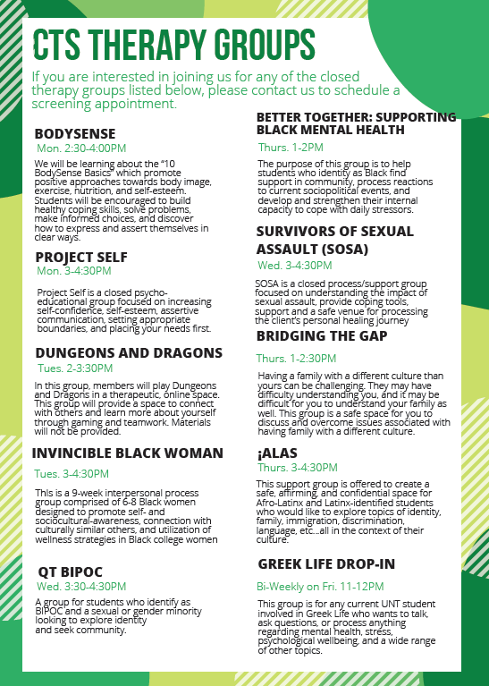 UNT_Counseling's tweet image. Check out UNT Counseling Weekly Workshops/Closed Therapy Groups Fall 2020! 
Please feel free to share it with students!
@UNT_DSA @UNTUnion