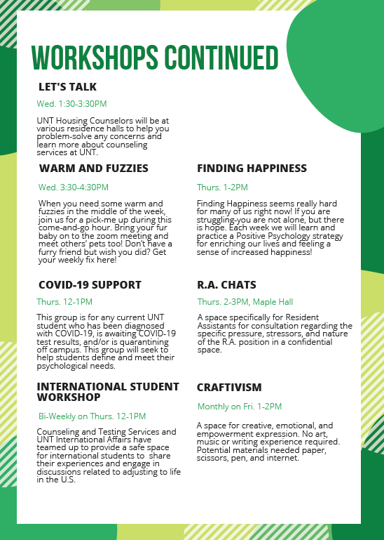 UNT_Counseling's tweet image. Check out UNT Counseling Weekly Workshops/Closed Therapy Groups Fall 2020! 
Please feel free to share it with students!
@UNT_DSA @UNTUnion