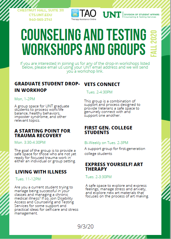 UNT_Counseling's tweet image. Check out UNT Counseling Weekly Workshops/Closed Therapy Groups Fall 2020! 
Please feel free to share it with students!
@UNT_DSA @UNTUnion