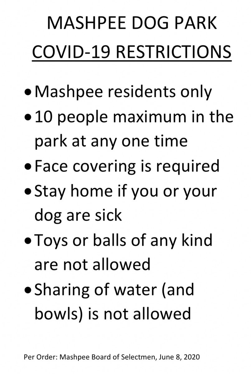 The #Mashpee Dog Park continues to operate with limited capacity. The following restrictions remain in place until further notice: