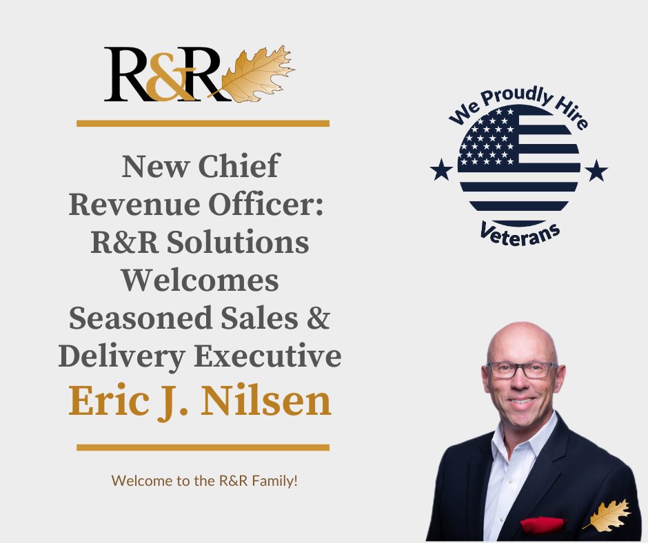 RRSolutions_97's tweet photo. R&amp;R is happy to welcome our new Chief Revenue Officer, Eric J. Nilsen. 

If you'd like to learn more about him, check out our press release on LinkedIn. 

https://t.co/uSQkUKdaui
 #newhorizons #wehireveterans #rrsolutions https://t.co/GeLjeBGuua
