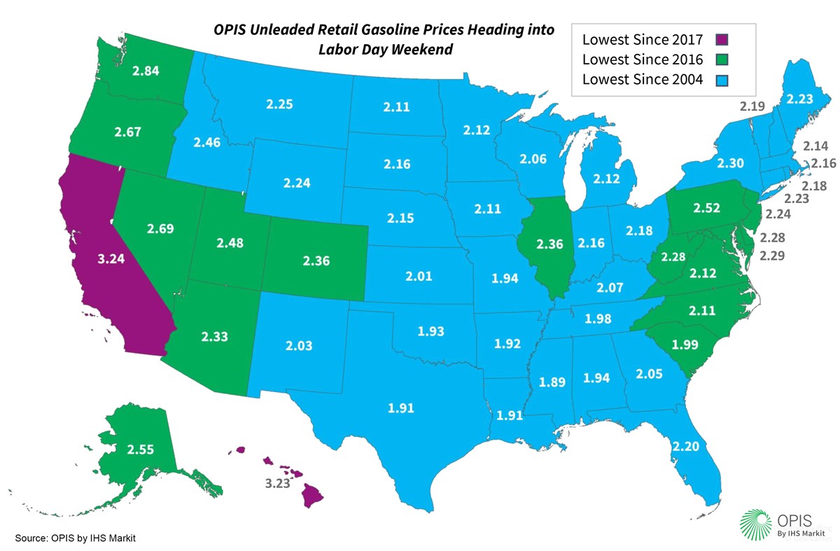32 States have lowest Labor Day gas prices since 2004. Suspect 4-day bill of ~$3-billion versus ~$5.5-billion in 2014. Spend that extra money wisely.