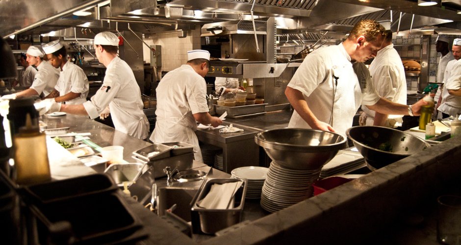 Intensive Care: Kitchen Team in a fine dining restaurant in evening service.Busy as f*ck but everyone knows their job, controlled chaos. Pastry chef hates it here.