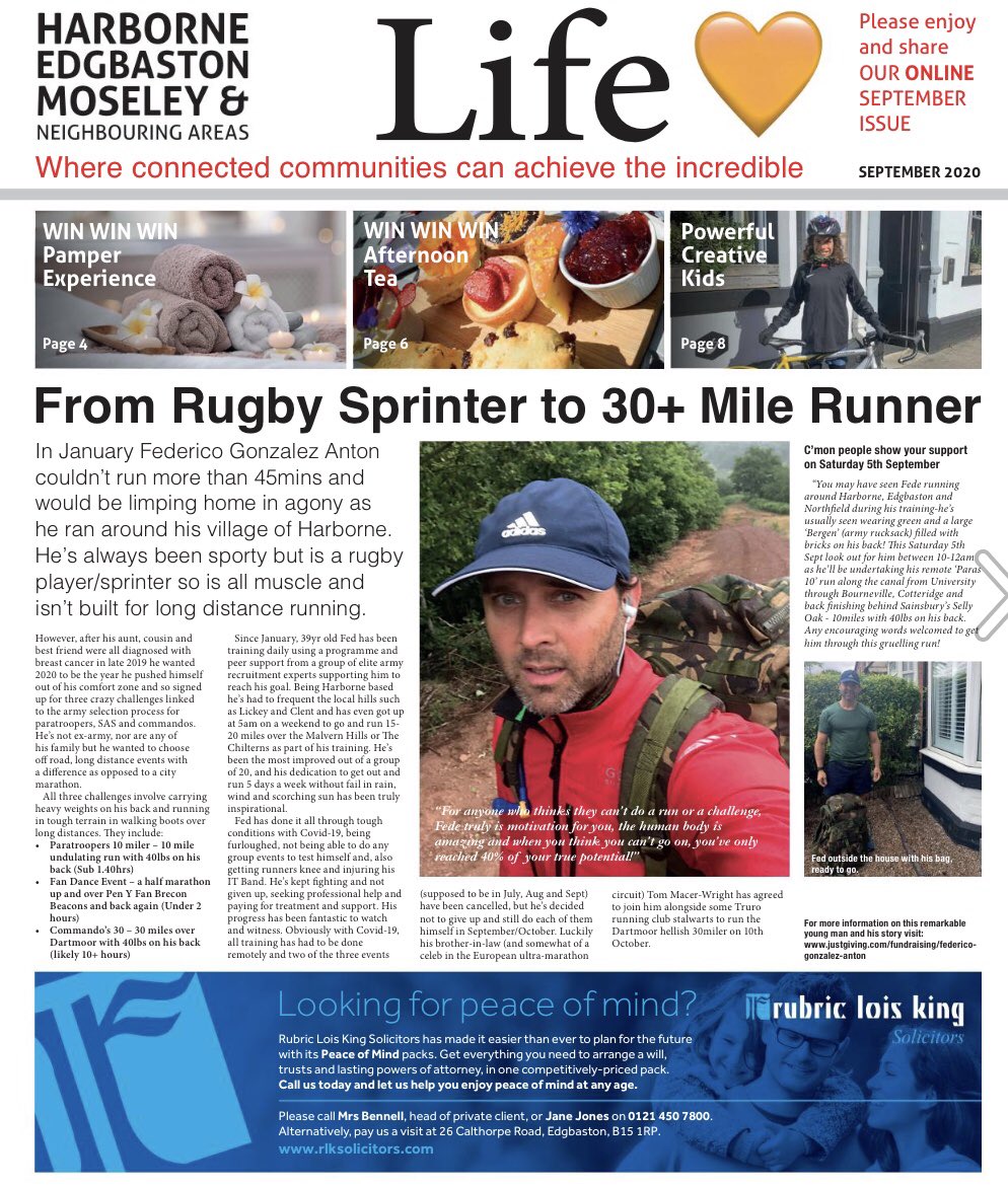 MillyDurrant's tweet photo. Thanks @HEMLifestories for featuring my fiancé Fede and his upcoming challenges on the front page of this months edition, it’s given him a boost (and added a nice bit of pressure!) 💪🏃‍♂️#lovebrum #harborne @BhamUpdates https://t.co/9uBCNVoXKO https://t.co/ShyKpe8wT2