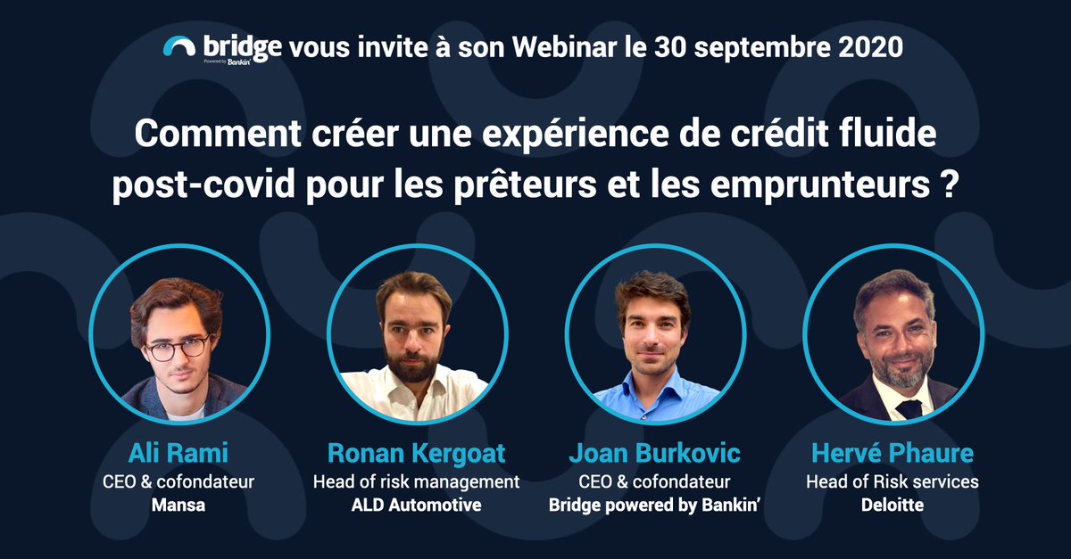 bridge_api_'s tweet photo. Créer une expérience de crédit fluide post-covid pour les prêteurs &amp; les emprunteurs ?
Assistez à notre #webinar #creditscoring x #openbanking pour connaître les prochaines tendances du secteur.
Inscrivez-vous pour y assister ou recevoir le replay ⬇️
https://t.co/u7d1efR1iH
#dsp2 https://t.co/z0Hof8wPkq