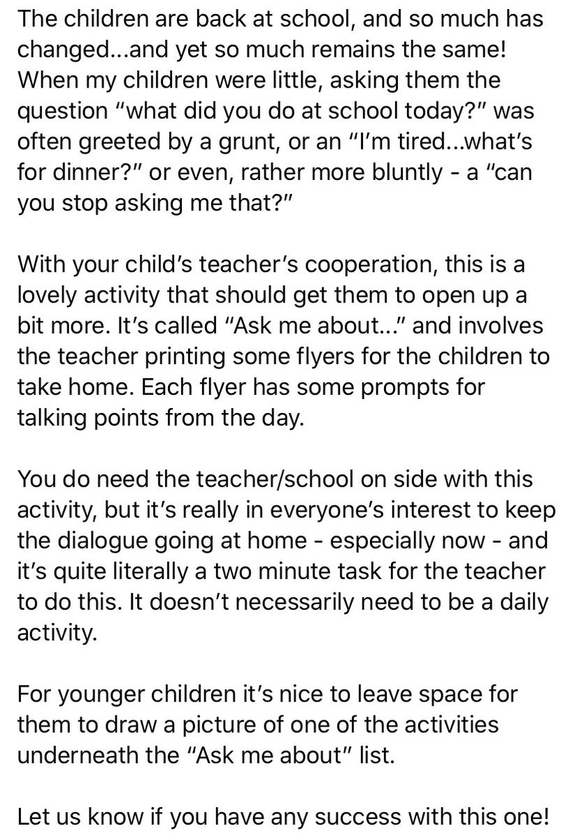KeepKidsTalking's tweet photo. A nice back to school activity to #KeepKidsTalking once they get home! Have you ever asked “what did you do at school today?” to be told “not much” or similar? Here’s a sneaky way to get past that! https://t.co/p779BXCDYq
