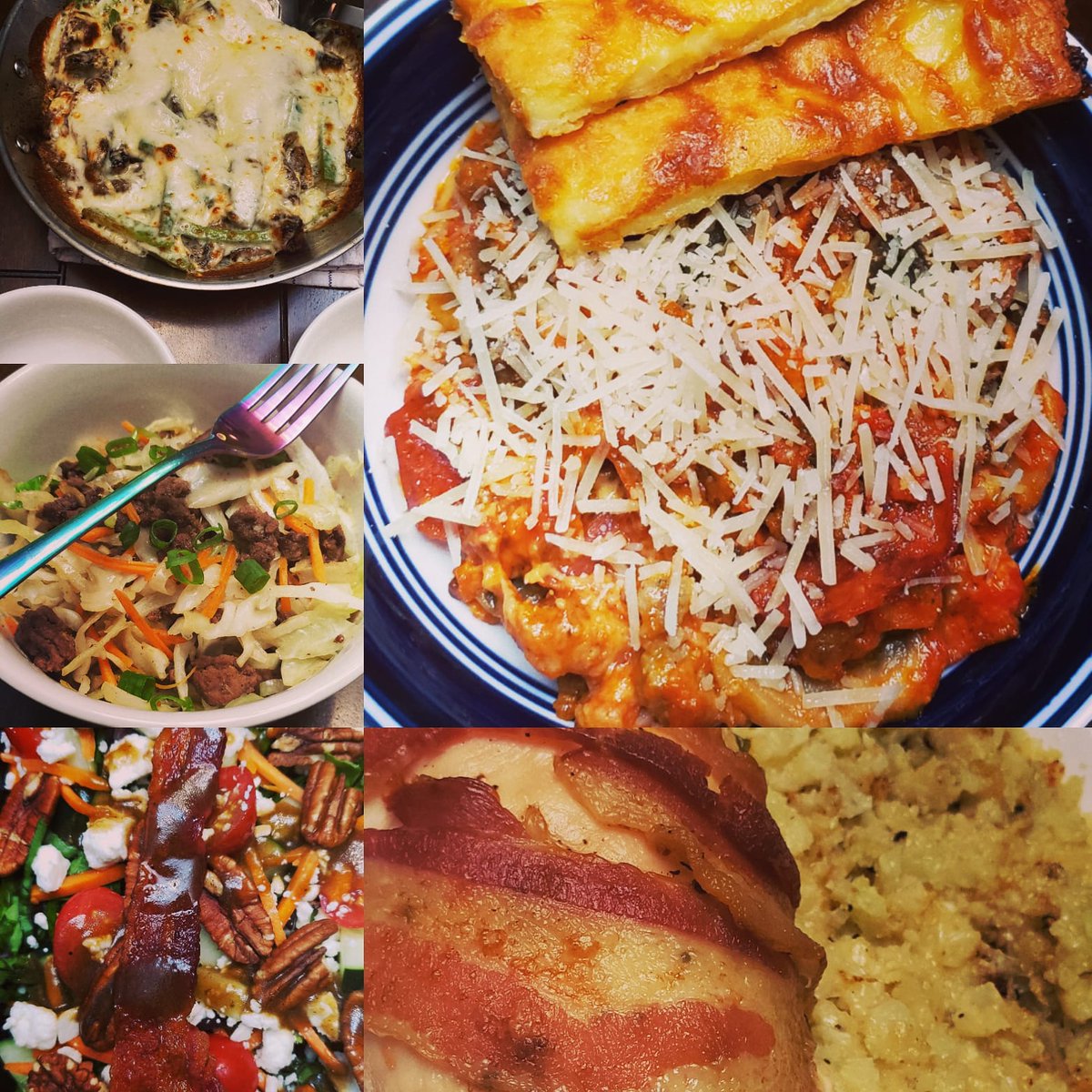 All my #cleanketo #homecooked meals from this past week:

Pizza bowl w/ keto garlic cheese "bread", bacon wrapped stuffed chicken, chopped salad, beef egg roll bowl, and Philly cheesestake skillet.

#keto #madewithlove #almost40 #livebetter