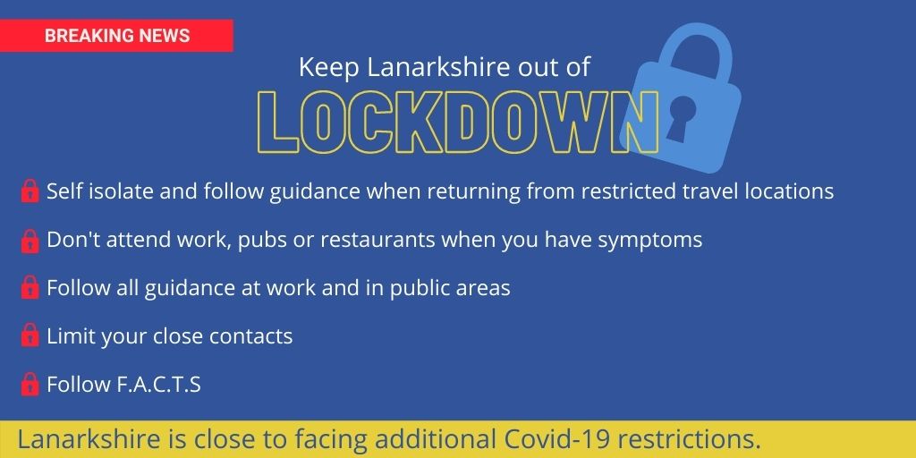 NHSLanarkshire's tweet photo. Help to avoid further Covid-19 restrictions in Lanarkshire. Self isolate when returning from restricted travel, don’t attend work with symptoms, limit your close contacts and remember F.A.C.T.S. @nlancouncil @SouthLanCouncil  #KeepLOL #KeepLanarkshireoutoflockdown https://t.co/MKnpU9vDqu