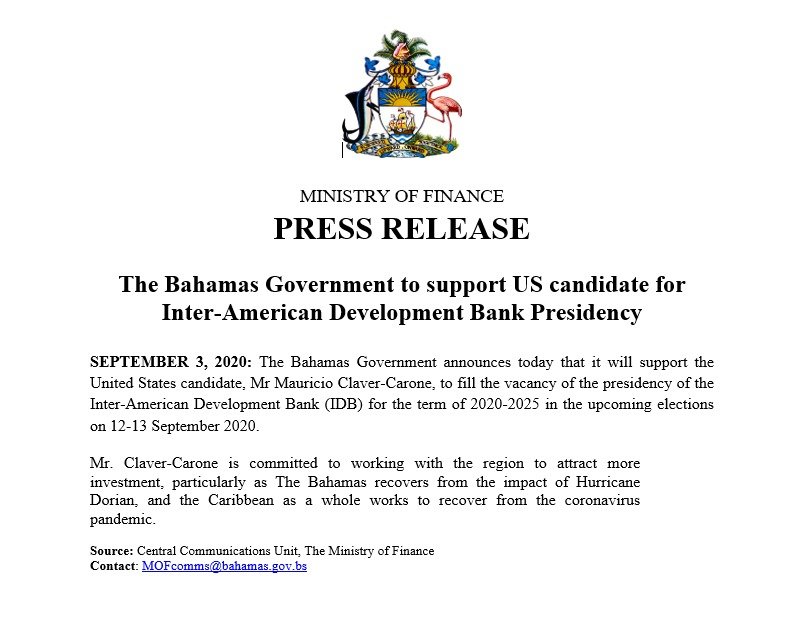 The Bahamas Government to support US candidate for Inter-American Development Bank Presidency