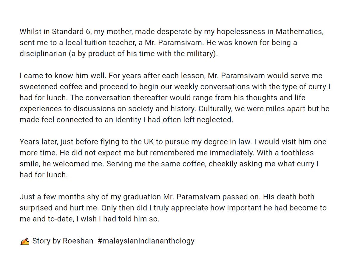 msianindian's tweet photo. "Whilst in Standard 6, my mother, made desperate by my hopelessness in Mathematics, sent me to a local tuition teacher, a Mr. Paramsivam. He was known for being a disciplinarian (a by-product of his time with the military)."

✍️ Story by Roeshan  #malaysianindiananthology https://t.co/Nktwuy6AXl