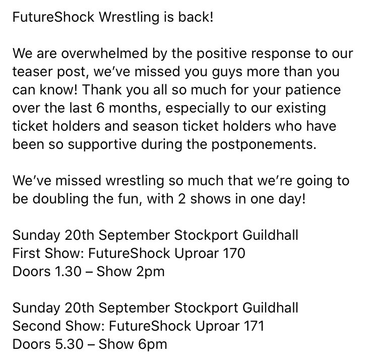 FutureShockWres's tweet photo. Sunday 20th September at the Stockport Guildhall! Two unique Uproar shows on the same day!

Tickets https://t.co/MzGmU7Lscc https://t.co/uChAXghiot