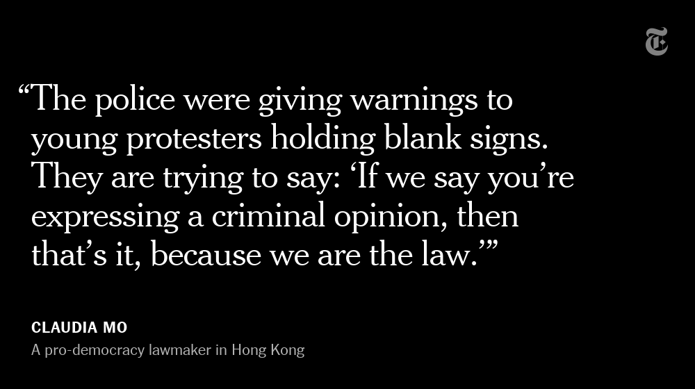 Hong Kong activists carry blank pro-democracy signs or ones with coded messages. They play protest songs with no lyrics. But they fear that even such workarounds may be criminalized.  https://nyti.ms/2F6rhPq 