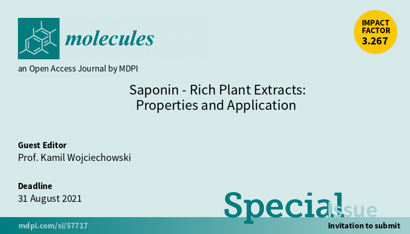 Molecules_MDPI's tweet photo. 📢 New Special Issue Open for Submissions: Saponin- Rich Plant Extracts: Properties and Application
✏️ Guest edited by Prof. Kamil Wojciechowski
🔗 https://t.co/mIXWTD751t
📌 #Saponin #ChromatographicAnalysis #BiologicalMembranes #SelfAggregation #SurfaceActivity https://t.co/5CyJLLCuB2