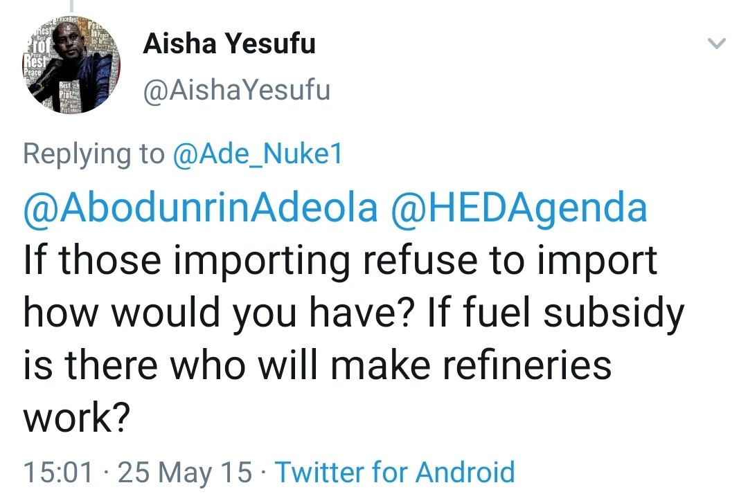 How will our refineries work when there is fuel subsidy? They will collect subsidy on product they did not bring. They will sell the product to neighbouring countries and collect subsidy  #BuhariDeceit https://twitter.com/AishaYesufu/status/602836779008405505?s=19