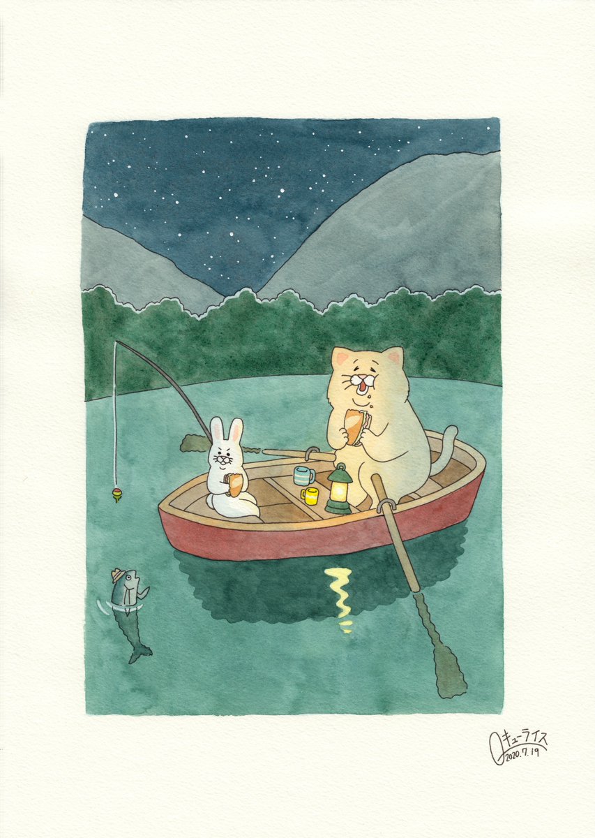 fishing rod no humans night fishing boat star (sky) rabbit  illustration images