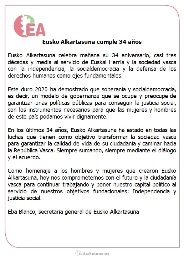 ealkartasuna's tweet photo. Eusko Alkartasuna celebra hoy su 34 aniversario, casi tres décadas y media al servicio de Euskal Herria y la sociedad vasca con la independencia, la socialdemocracia y la defensa de los derechos humanos como ejes fundamentales.
Carta de @BlancoEba a la militancia
#EA34 https://t.co/xZ3WSyUcuM