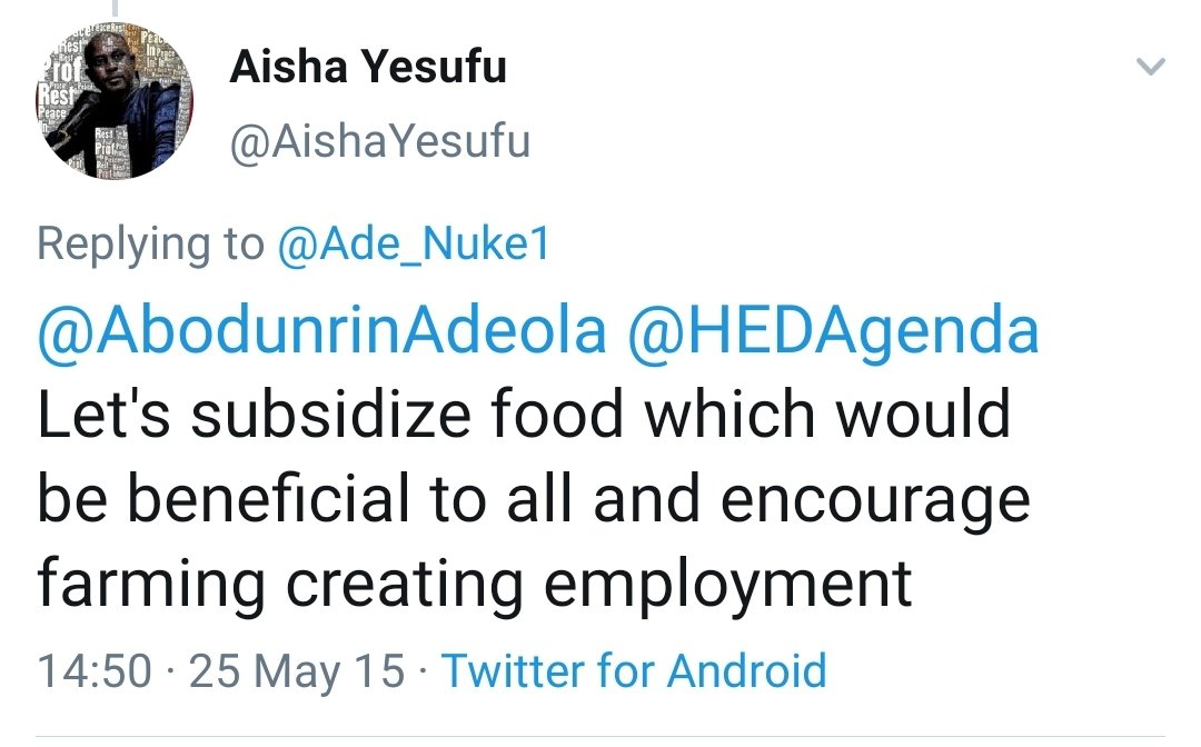 If subsidy has to exist why not on food? This will be more beneficial though will have its own problems. LETS JUST STOP THE SUBSIDY! #BuhariDeceit https://twitter.com/AishaYesufu/status/602834163436277763?s=19