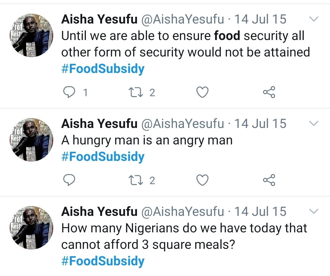 If we are insisting on subsidy let it be on food. This can also be abused sadly. #BuhariDeceit https://twitter.com/AishaYesufu/status/663848543057244160?s=19