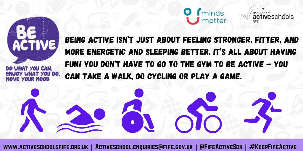 FifeActiveSch's tweet photo. 💜| BE ACTIVE

"Being active isn't just about feeling stronger, fitter, more energetic and sleeping better. It's all about having fun! You don't have to go to the gym to be active - you can take a walk, go cycling or play a game."

https://t.co/lx6PM3DHbg

#FeelingGood https://t.co/g75NYcNhlf