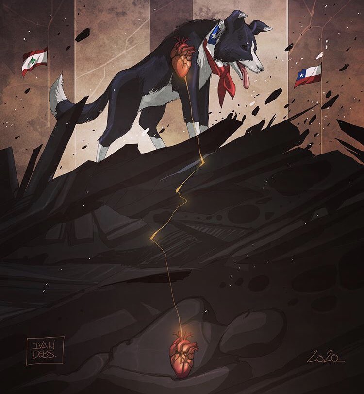 WHAT AN ILLUSTRATION!! 
Flash the dog with the Chilean rescue team who detected possible signs of life under the rubble one month after #Beirut blast.
We love you Flash.
(By Ivan Debs)