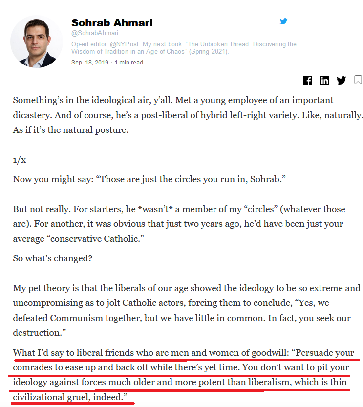 16/The claim that liberalism decays into wokeness rests on the idea that once you have liberalism, wokeness is unstoppable because liberalism has no defences against wokeness. Liberalism is "thin civilizational gruel" as  @SohrabAhmari says here: