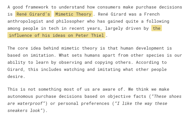 Mimetic desire comes from Rene Girard’s Mimetic Theory, which  @lehrjulian break downs¹ perfectly.But to summarize: we don’t actually want the clothes, we want to be like the person we admire so we end up buying the clothes.¹  https://julian.digital/2020/05/28/what-shopify-and-amazon-can-learn-from-mimetic-theory/