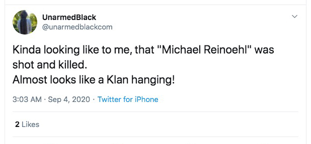  @unarmedblackcom"I read this article that said Mike was shot and killed, and I thought, 'Damn! It kinda looks to me like 'Mike' was shot and killed! If that doesn't look like a Klan hanging, I don't know what does!' And then I made a ham sandwich and stuffed it up my nose!"