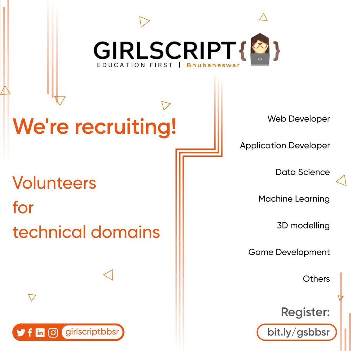 REGISTRATIONS ENDING TOMORROW!!

WE ARE RECRUITING!! Join India's biggest tech community today!!
We are looking for passionate individuals who want to bring an impact on the society.

Registration link: bit.ly/gsbbsr