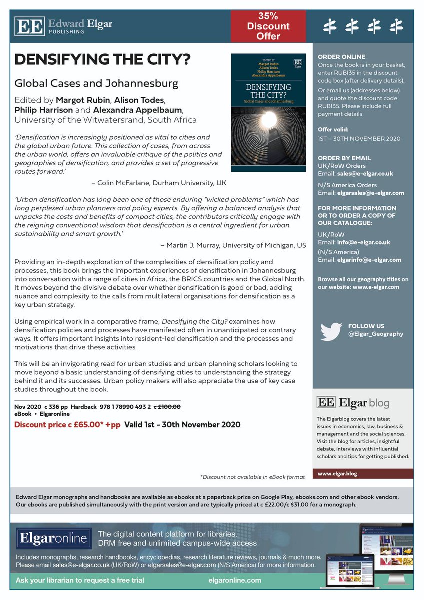 Edward Elgar is offering a discount on the book “Densifying the City?” See attachment for how to order and to recoup the discount. <a href="/margotrubin3/">Margot</a> <a href="/witssoap/">Wits School of Architecture and Planning</a>