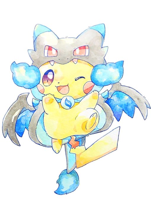 ポケモン メガリザxポンチョ着たピカチュウ かなのイラスト