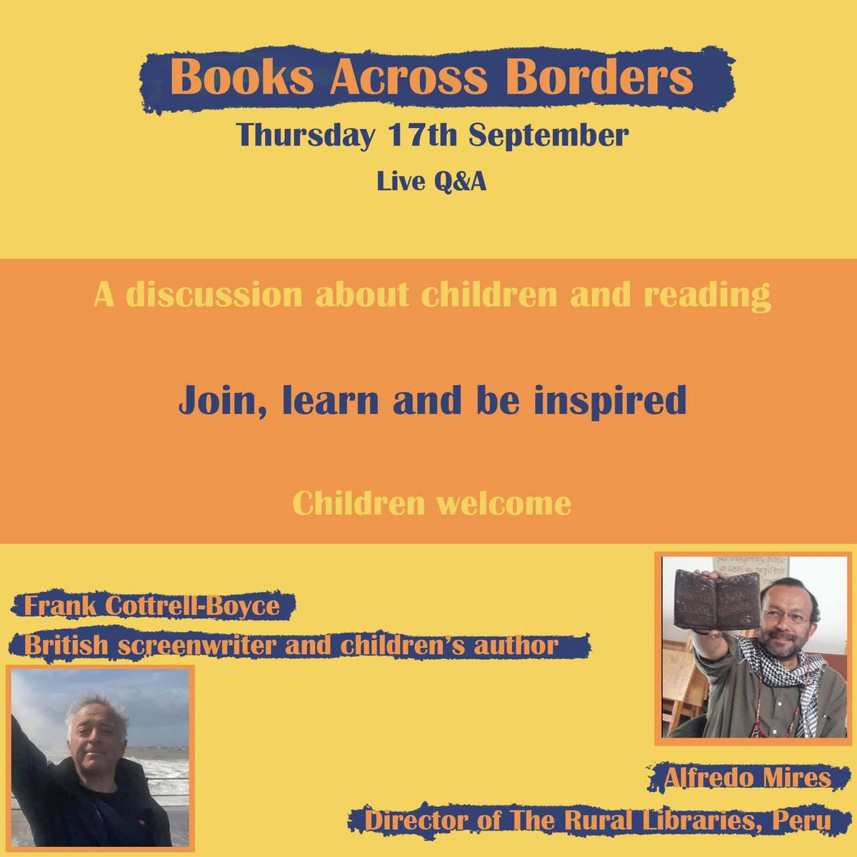 sarulifu's tweet photo. 📣 Sign up to our upcoming #webinar 
BOOKS ACROSS BORDERS 📚

We'll be in conversation with the British children’s author and screenwriter @frankcottrell_b and our very own Alfredo Mires, director of The Rural Libraries.

 We'll also be having a live Q&amp;A.

https://t.co/vdybCvK9Za https://t.co/1IKlYym6wF