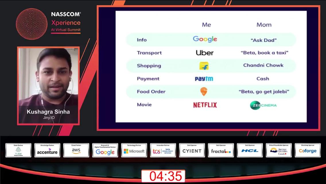 NasscomEvents's tweet photo. "This contrast between mine &amp; my Mom's choices is an example of the digital divide that we are talking about. This is what we want to solve."- @kushagrasinha7, @JinyAssistant on differences in user behaviours that are creating digital divide at #NASSCOMXperienceAI Virtual Summit. https://t.co/75JCGlvbJ0