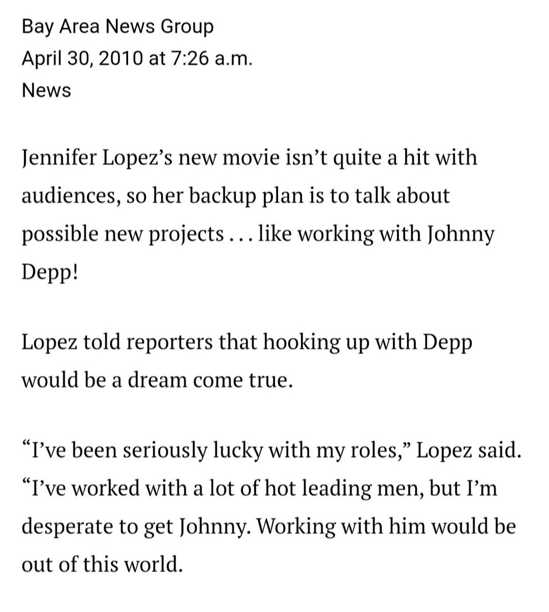 2006:  #JohnnyDepp accepts the 'Courage To Care' award from  #JenniferLopez (CHLA 2nd Noche de Ninos Gala)2010:  #Jlo "I've worked with a lot of hot leading men, but I'm desperate to get Johnny.Working with him would be out of this world."