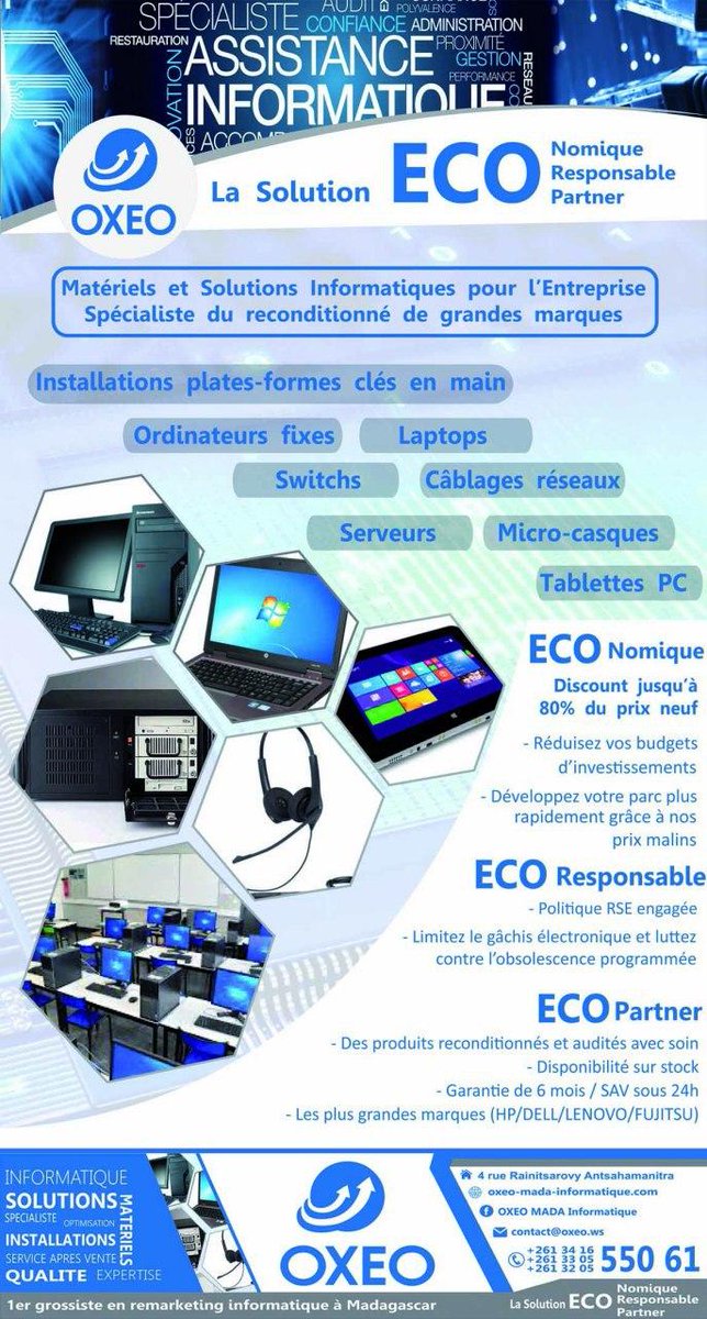 oxeo_mada's tweet photo. OXEO, votre PARTENAIRE ECO-NOMIQUE ECO-RESPONSABLE et ECO-PARTNER en #informatique à #Madagascar .
La #technologisation , l' #informatisation 💻🖥 peut se faire dans le respect de l'environnement, dans le sens d'une gestion responsable et citoyenne des achats. 🌳☘️ https://t.co/qKzvbEOhhV