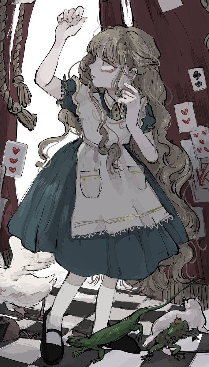 1girl card long hair playing card dress apron shoes  illustration images