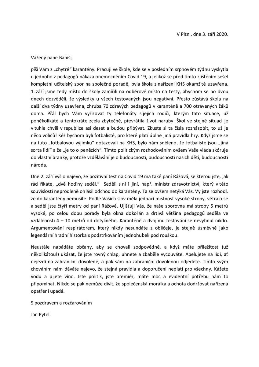 Zpravyzmesta's tweet photo. Sdílím otevřený dopis učitele Masarykova Gymnázia v Plzni panu Babišovi. 
#Plzen #karantena #Babis #covid #skola #gymnazium https://t.co/g1Fr8ptV9X